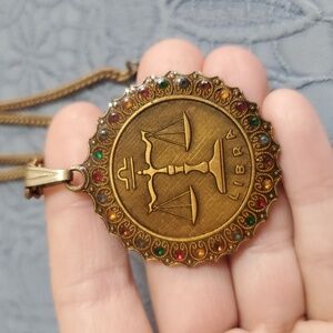 1970s Rare Resin Vintage Libra Multi Rhinestone Pendant Necklace